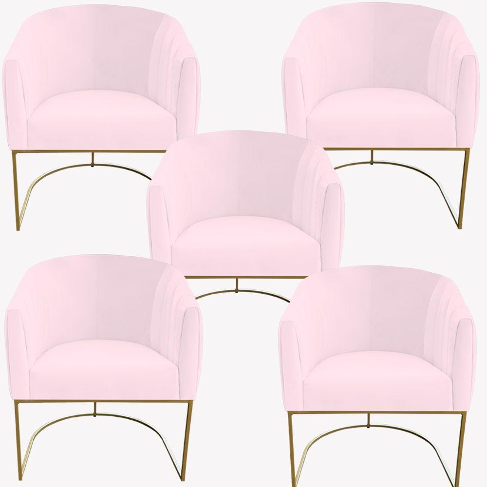 Kit 05 Poltrona Julia Com Base De Ferro Sala De Estar Escritório Recepção Clinica Suede Rosa Bebê D'classe Decor - 1