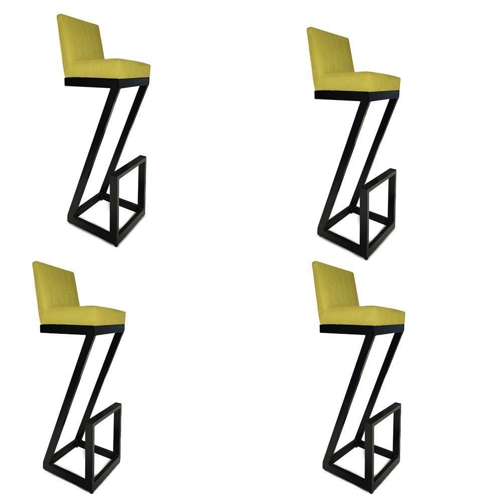 Kit 04 Banqueta Alta Z Base De Ferro Suede Amarelo D'classe Decor - 1