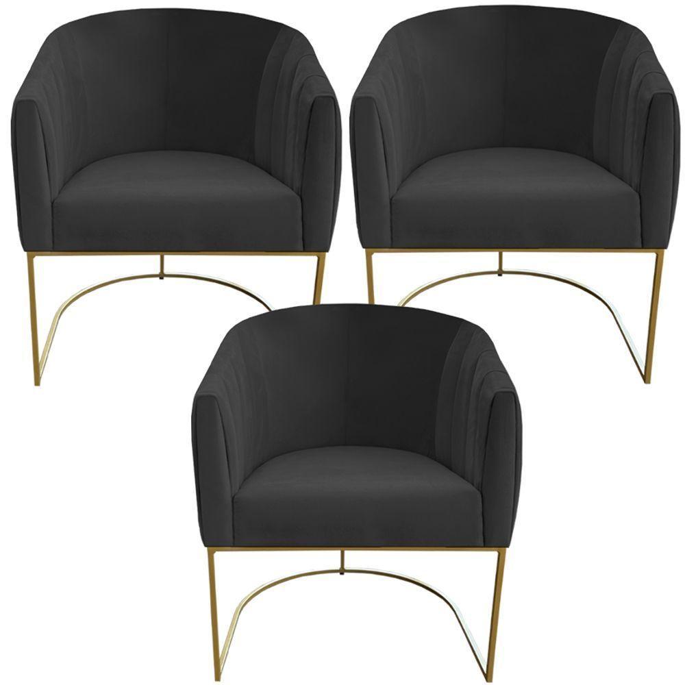 Kit 03 Poltrona Julia Com Base De Ferro Sala De Estar Escritório Recepção Clinica Suede Grafite D'classe Decor - 1