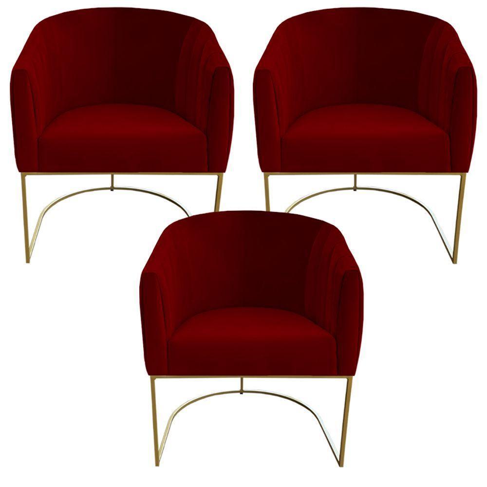 Kit 03 Poltrona Julia Com Base De Ferro Sala De Estar Escritório Recepção Clinica Suede Vermelho D'classe Decor - 1
