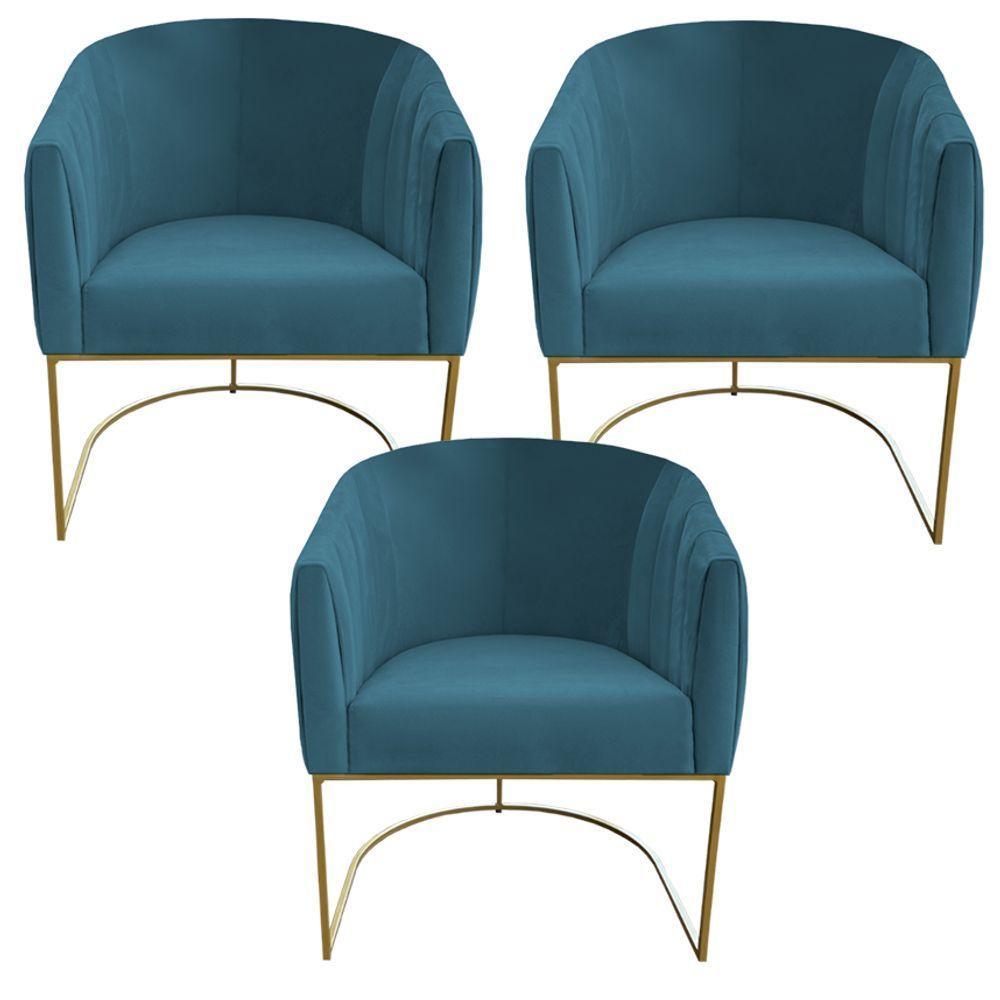 Kit 03 Poltrona Julia Com Base De Ferro Sala De Estar Escritório Recepção Clinica Suede Azul Tiffany D'classe Decor - 1