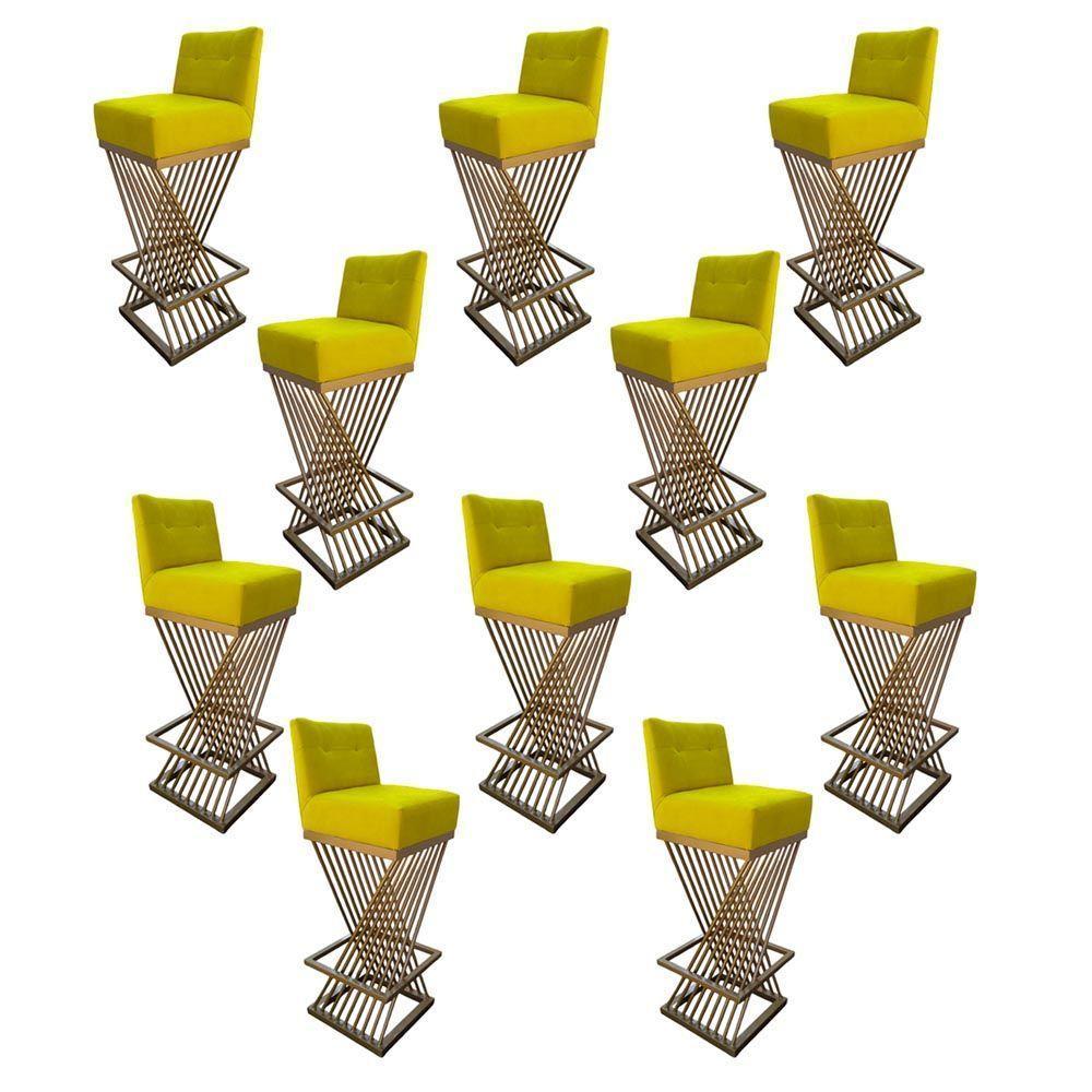 Kit 10 Banquetas Luma Base De Ferro Sued Amarelo D'classe Decor - 1