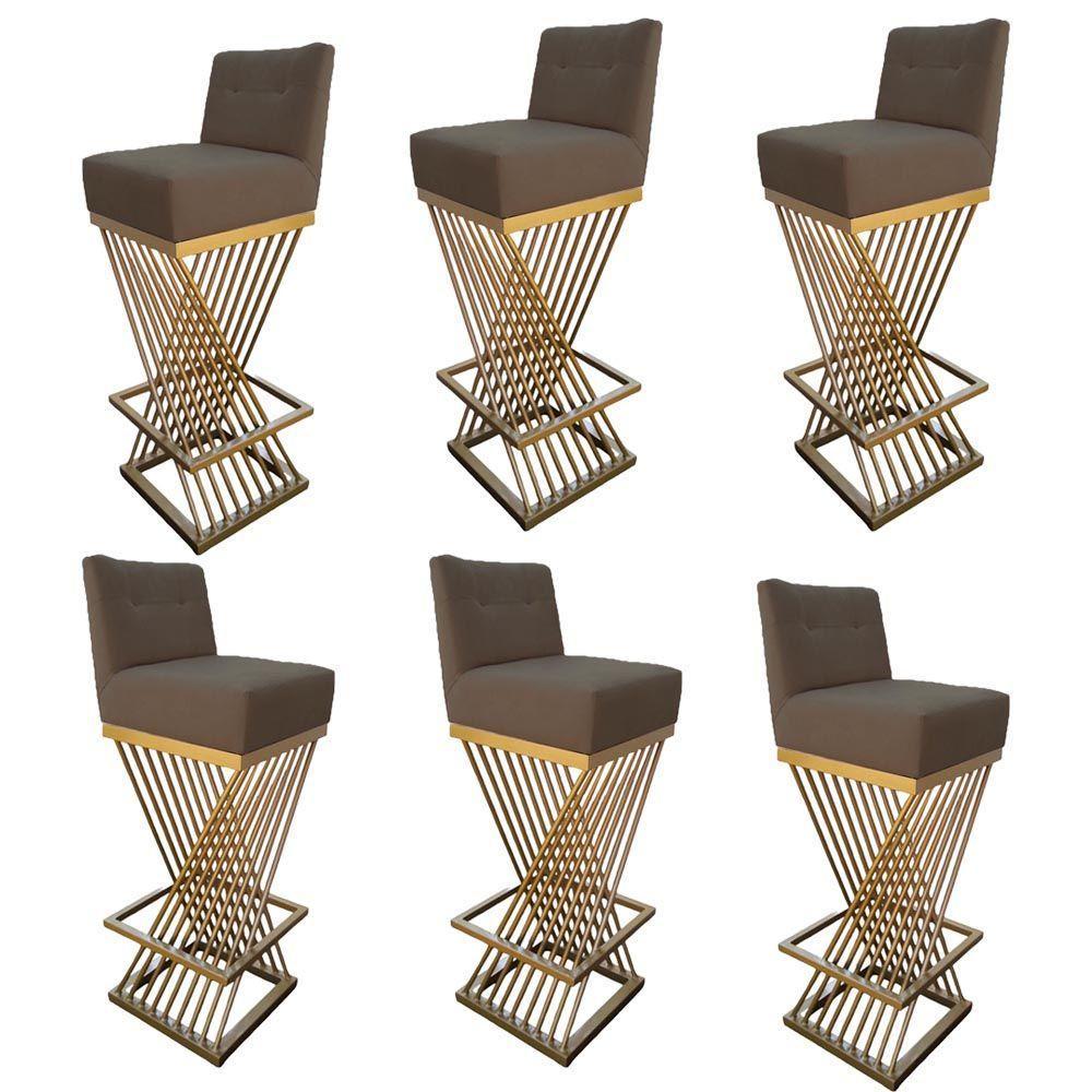 Kit 06 Banquetas Luma Base De Ferro Sued Marrom Rato D'classe Decor - 1