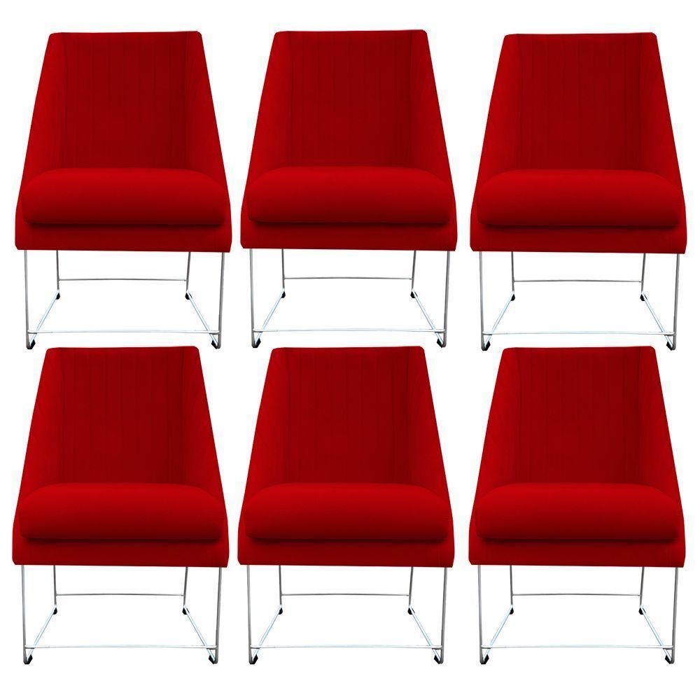 Kit 06 Cadeiras Ana Base De Ferro Prata Suede Vermelho D'classe Decor - 1