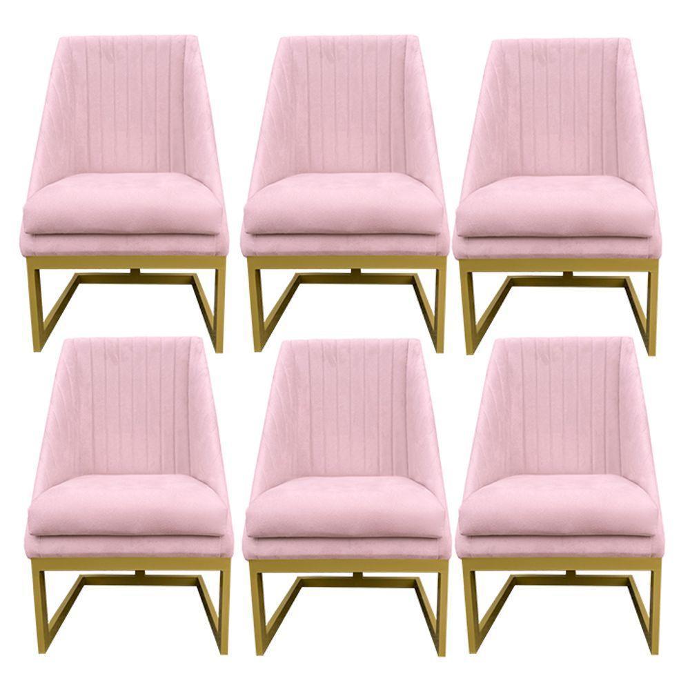Kit 06 Cadeiras Para Sala De Jantar Ana Base De Ferro Suede Rosa Bebê D'classe Decor - 1