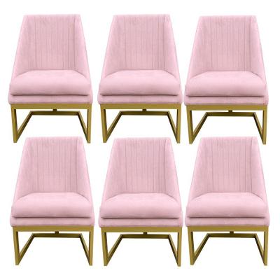 Kit 06 Cadeiras Para Sala De Jantar Ana Base De Ferro Suede Rosa Bebê D'classe Decor