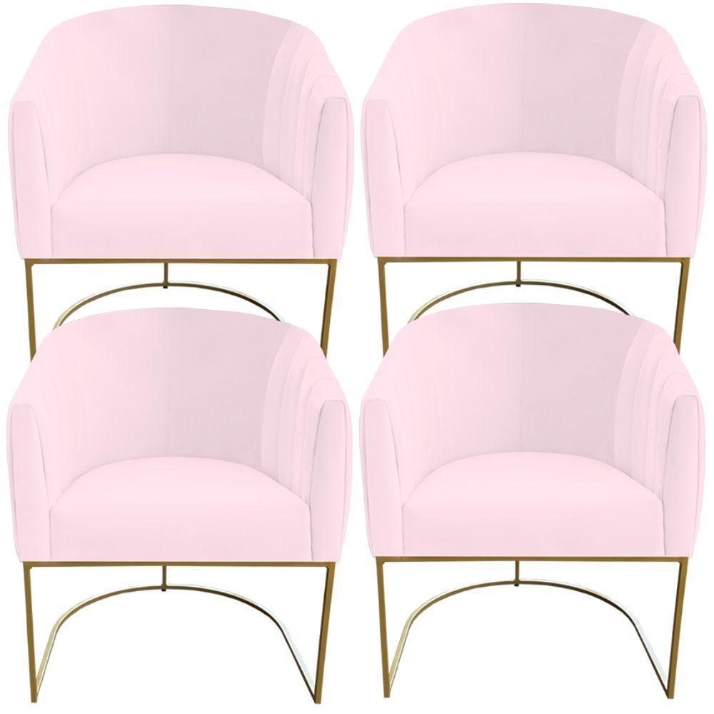 Kit 04 Poltrona Julia Com Base De Ferro Sala De Estar Escritório Recepção Clinica Suede Rosa Bebê D'classe Decor - 1