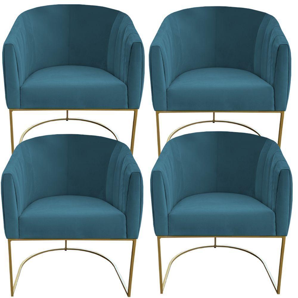 Kit 04 Poltrona Julia Com Base De Ferro Sala De Estar Escritório Recepção Clinica Suede Azul Tiffany D'classe Decor - 1