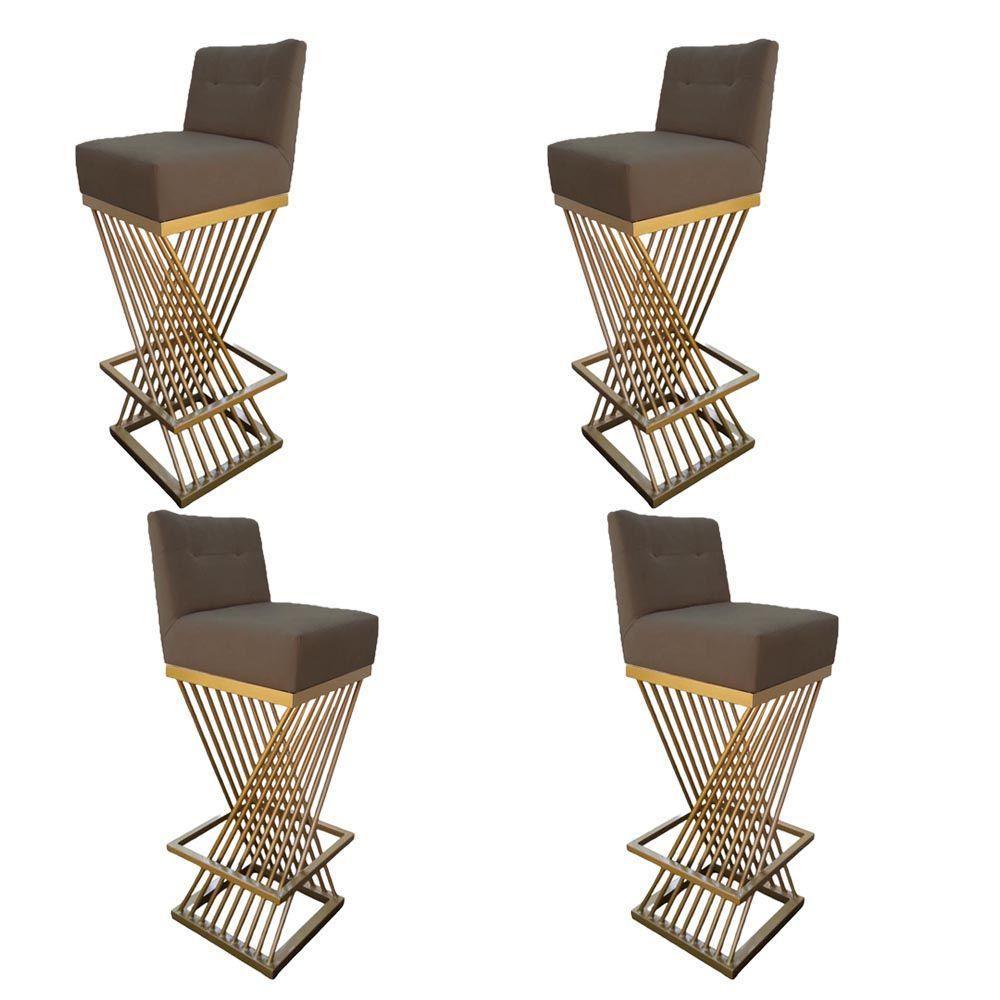 Kit 04 Banquetas Luma Base De Ferro Sued Marrom Rato D'classe Decor - 1