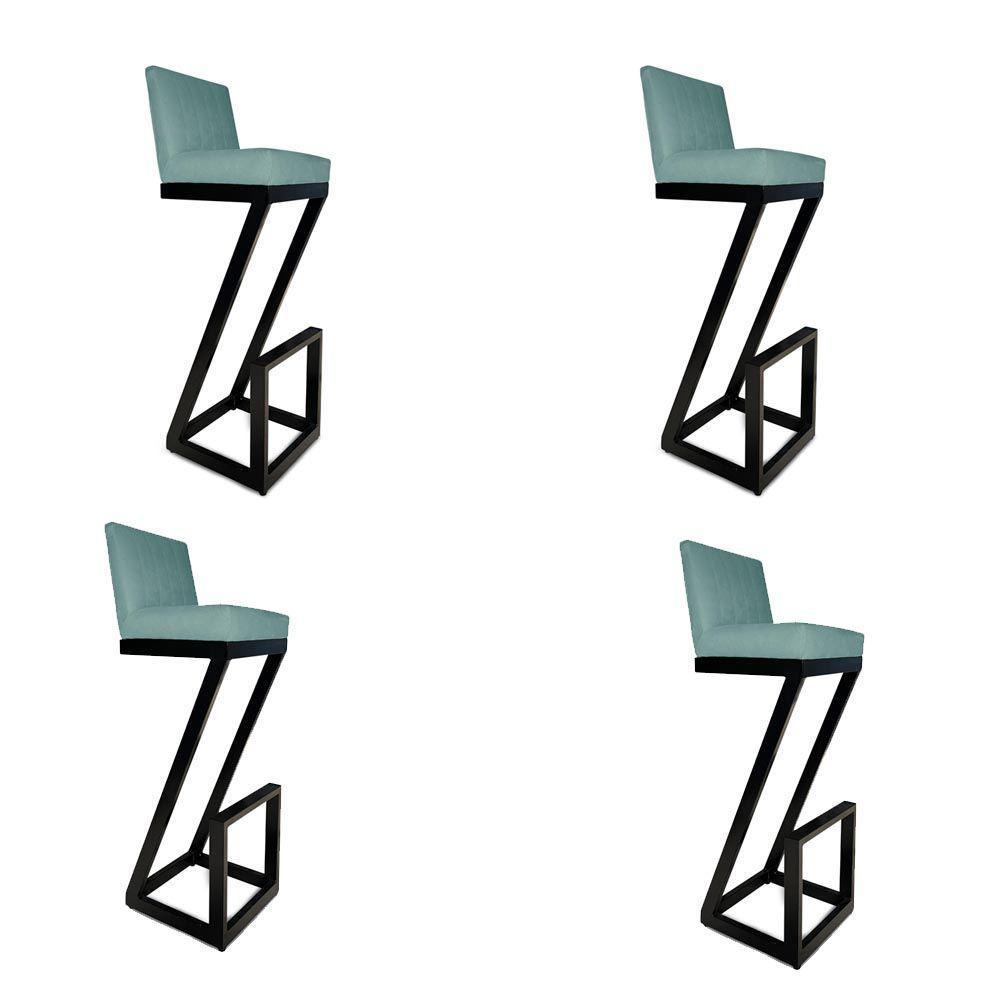 Kit 04 Banqueta Alta Z Base De Ferro Suede Azul Tiffany D'classe Decor - 1