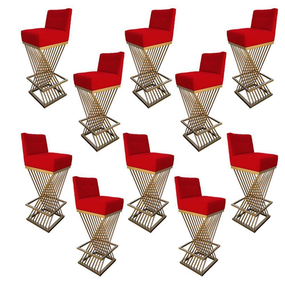 Kit 10 Banquetas Luma Base De Ferro Sued Vermelho D'classe Decor - 1
