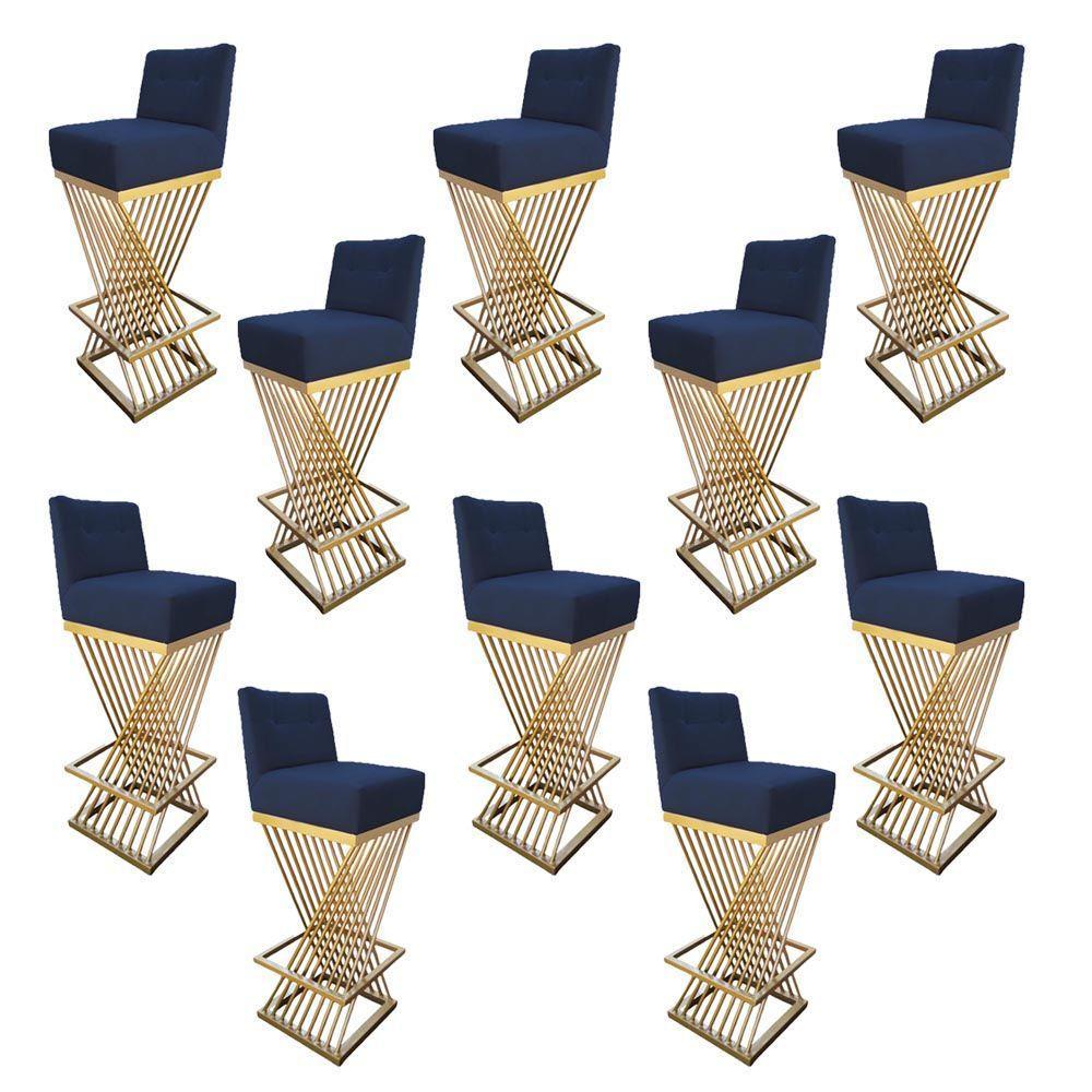 Kit 10 Banquetas Luma Base De Ferro Sued Azul Marinho D'classe Decor - 1