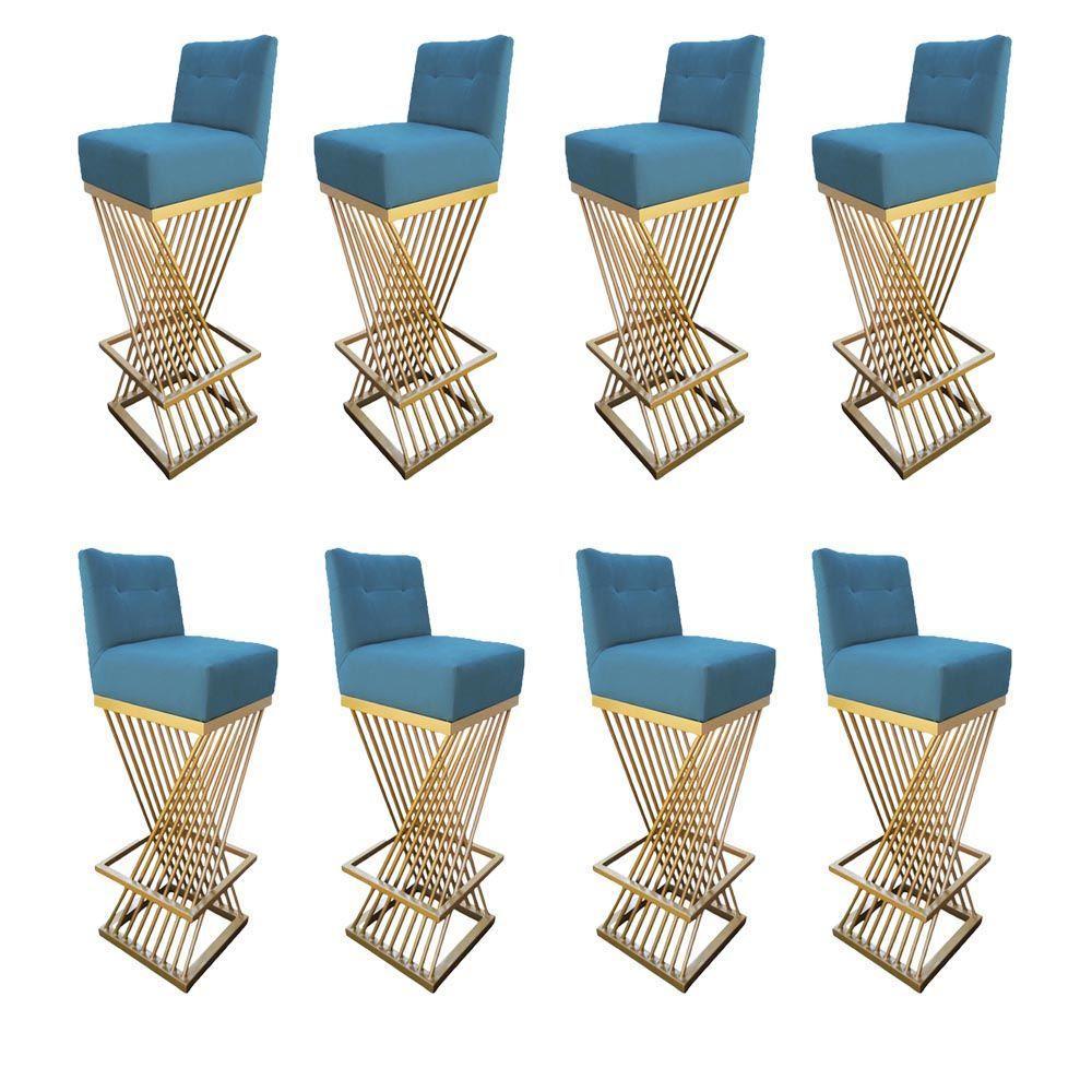 Kit 08 Banquetas Luma Base De Ferro Sued Azul Tiffany D'classe Decor - 1