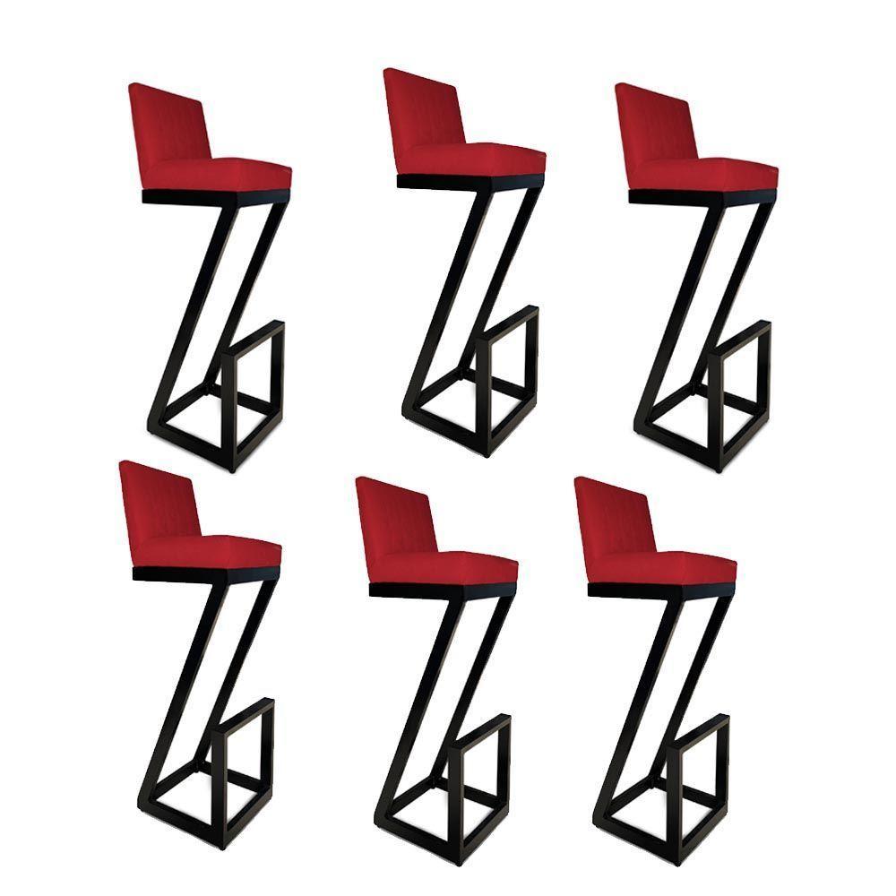 Kit 06 Banqueta Alta Z Base De Ferro Suede Vermelho D'classe Decor - 1