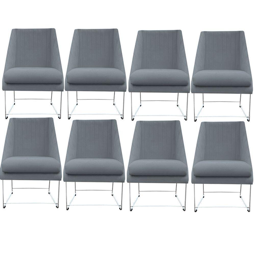 Kit 08 Cadeiras Ana Base De Ferro Prata Suede Bege D'classe Decor - 1
