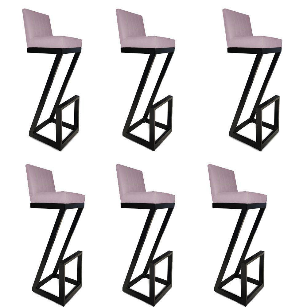 Kit 06 Banqueta Alta Z Base De Ferro Suede Rosa Bebê D'classe Decor - 1