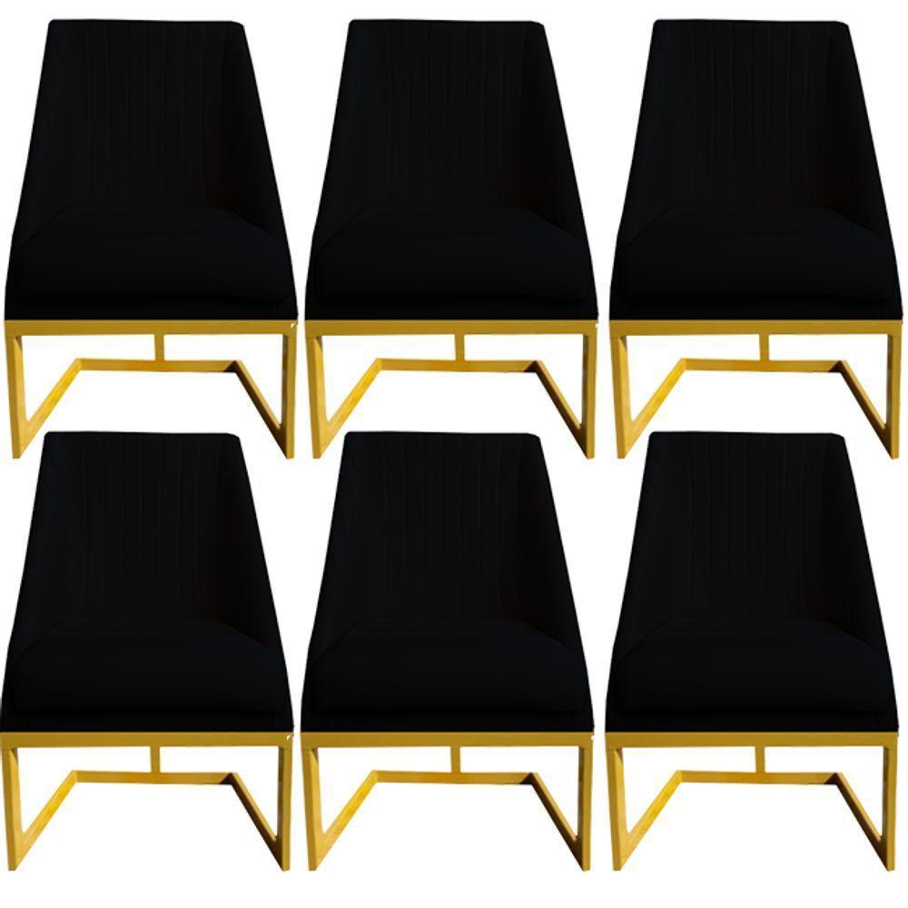 Kit 06 Cadeiras Para Sala De Jantar Ana Base De Ferro Veludo Preto D'classe Decor - 1