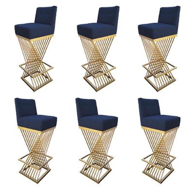 Kit 06 Banquetas Luma Base De Ferro Sued Azul Marinho D'classe Decor