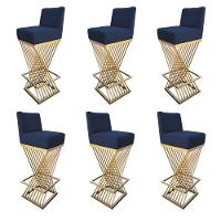 Kit 06 Banquetas Luma Base De Ferro Sued Azul Marinho D'classe Decor - 1