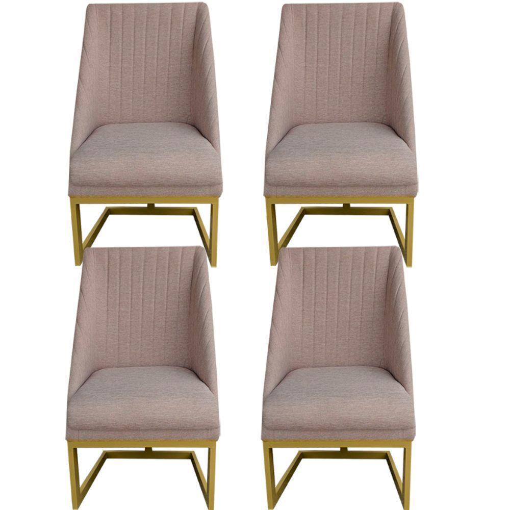 Kit 04 Cadeiras Para Sala De Jantar Ana Base De Ferro Linho Bege D'classe Decor - 1