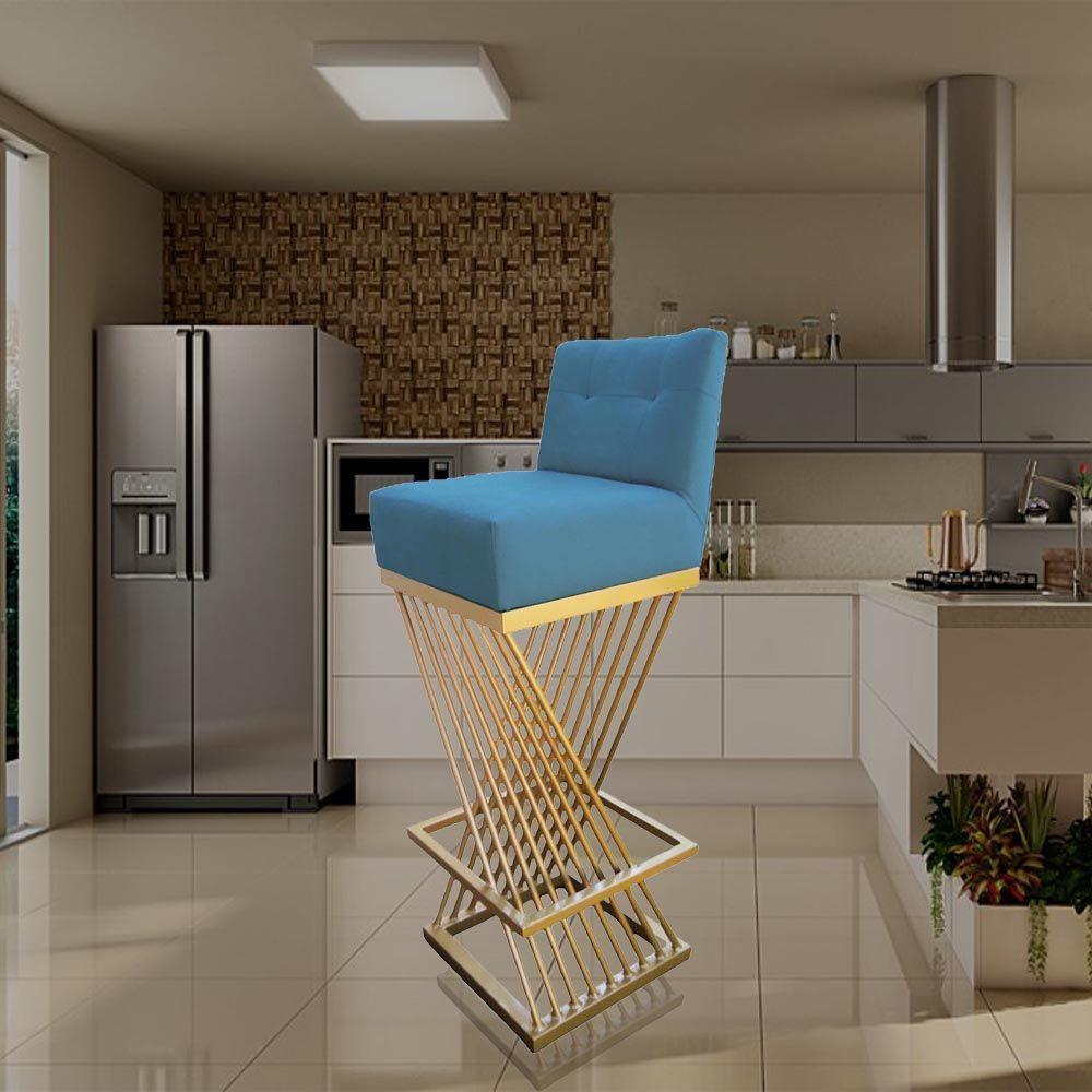 Kit 04 Banquetas Luma Base De Ferro Sued Azul Tiffany D'classe Decor - 9