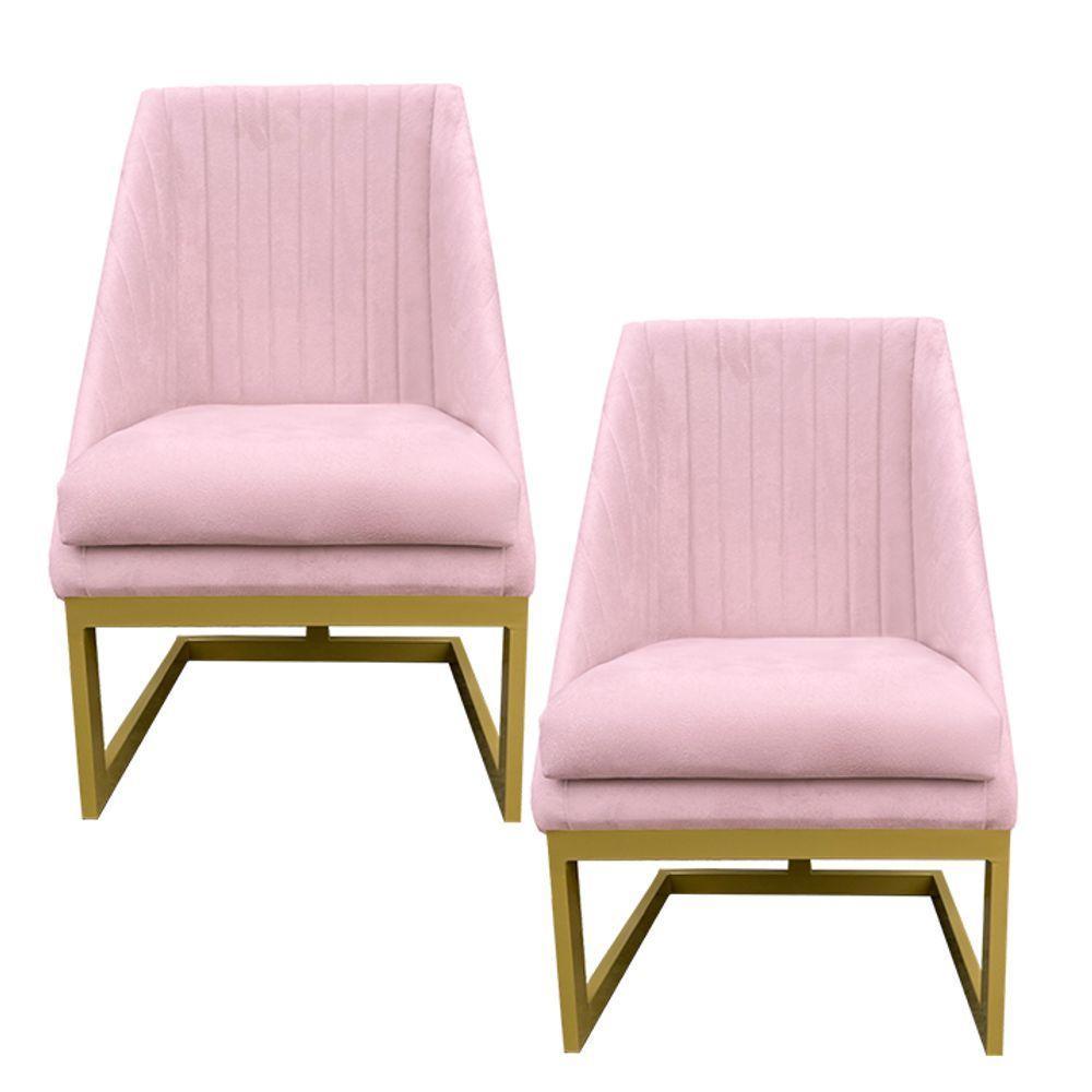 Kit 02 Cadeiras Para Sala De Jantar Ana Base De Ferro Suede Rosa Bebê D'classe Decor - 1