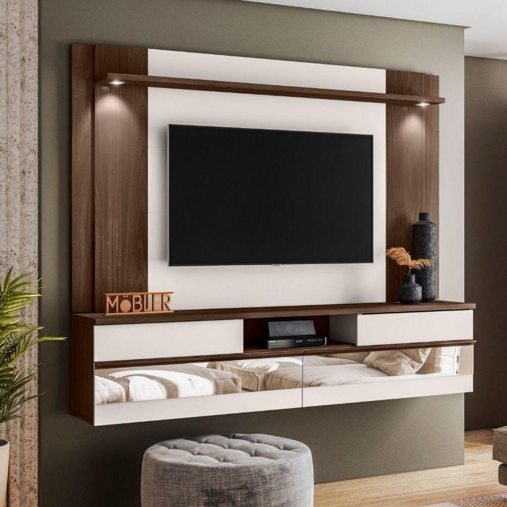 Painel Tv 75 Polegadas Chamonix 200 Cm Espelho Luminária Led Marrom Noce Off White ártico - 2