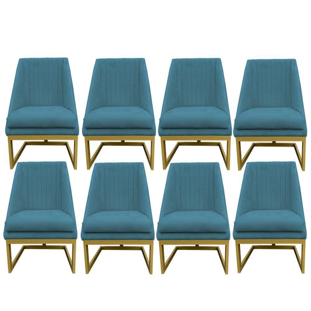 Kit 08 Cadeiras Para Sala De Jantar Ana Base De Ferro Suede Azul Tiffany D'classe Decor - 1