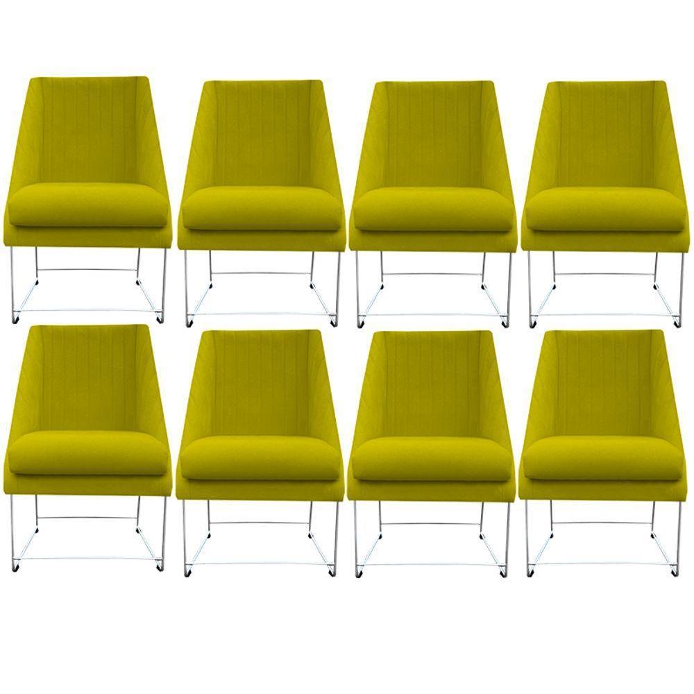 Kit 08 Cadeiras Ana Base De Ferro Prata Suede Amarelo D'classe Decor - 1