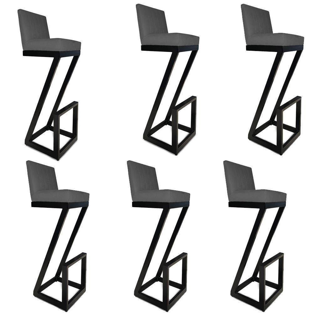 Kit 06 Banqueta Alta Z Base De Ferro Suede Grafite D'classe Decor - 1