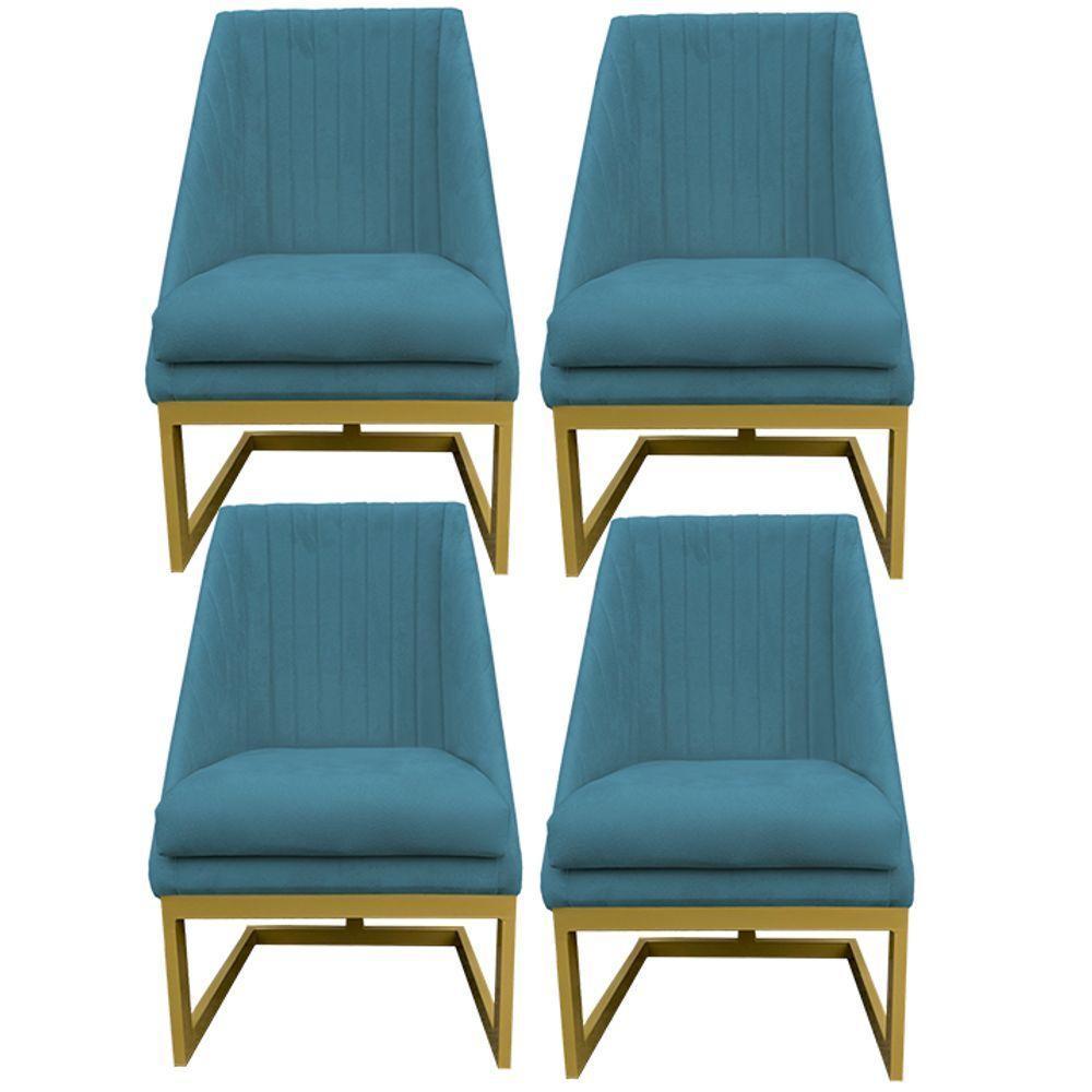 Kit 04 Cadeiras Para Sala De Jantar Ana Base De Ferro Suede Azul Tiffany D'classe Decor - 1