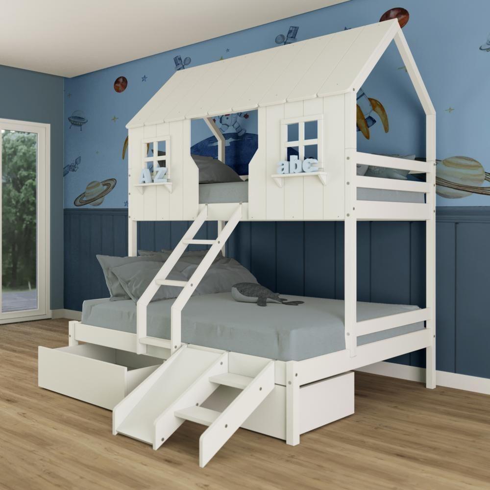 Beliche Casal/ Solteiro Casinha Encantada Com 02 Gavetas Kit Escada/ Escorregador Madeira Maciça Branco Megamobilia - 1