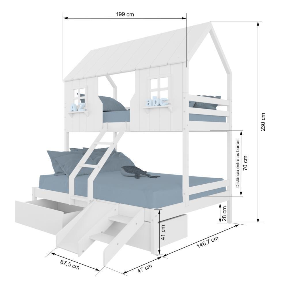 Beliche Casal/ Solteiro Casinha Encantada Com 02 Gavetas Kit Escada/ Escorregador Madeira Maciça Branco Megamobilia - 2
