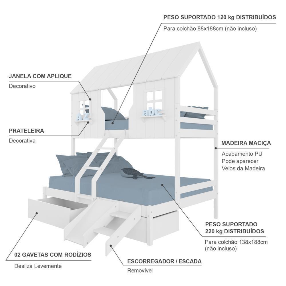 Beliche Casal/ Solteiro Casinha Encantada Com 02 Gavetas Kit Escada/ Escorregador Madeira Maciça Branco Megamobilia - 4