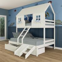 Beliche Casal/ Solteiro Casinha Encantada Com 02 Gavetas Kit Escada/ Escorregador Madeira Maciça Branco Megamobilia - 1