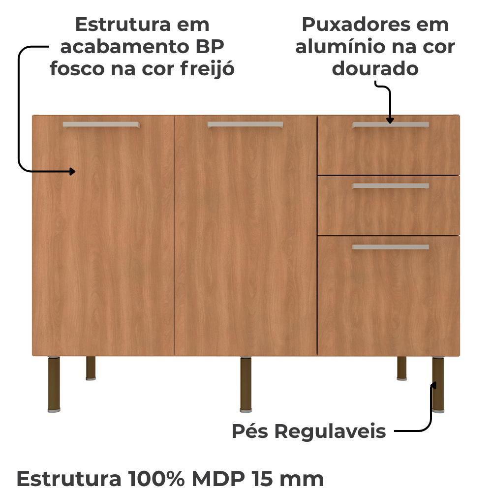 Balcao Para Pia Sem Tampo 120 Cm Mdp 2p 3g Cz3100 Freijo Tecno Mobili Freijo - 3