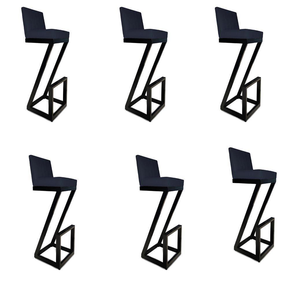 Kit 06 Banqueta Alta Z Base De Ferro Suede Azul Marinho D'classe Decor - 1