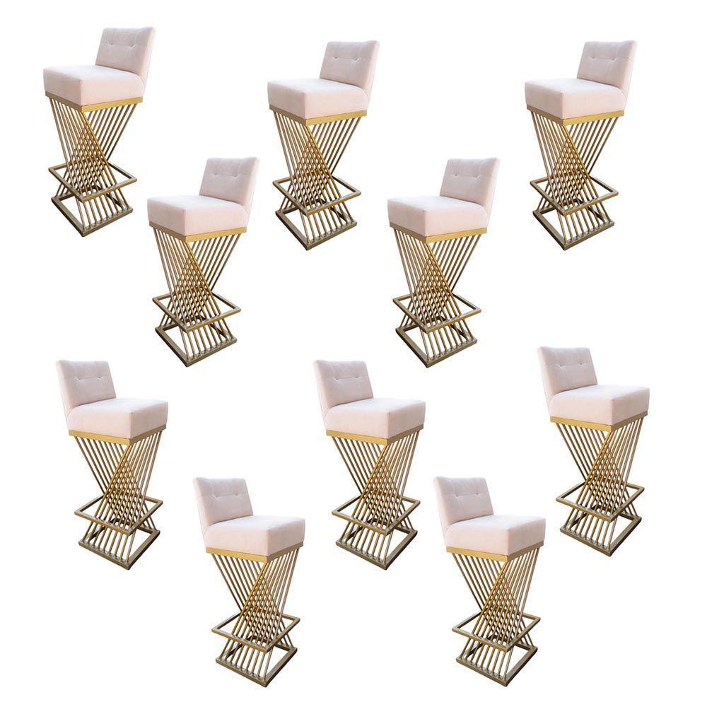 Kit 10 Banquetas Luma Base De Ferro Sued Bege D'classe Decor - 1