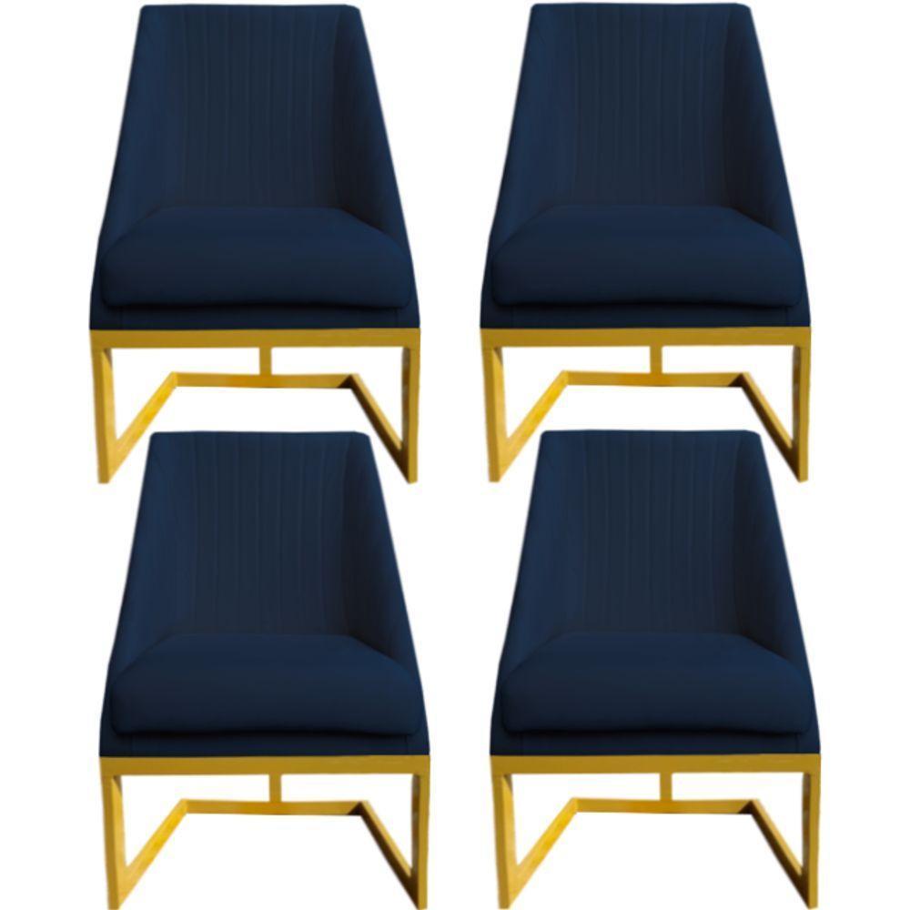 Kit 04 Cadeiras Para Sala De Jantar Ana Base De Ferro Veludo Azul Marinho D'classe Decor - 1