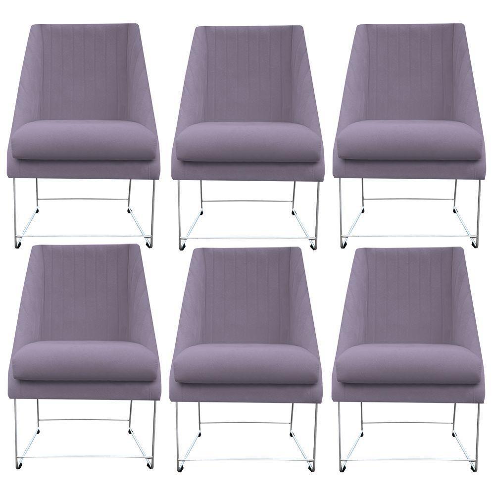 Kit 06 Cadeiras Ana Base De Ferro Prata Suede Rosa Bebê D'classe Decor - 1