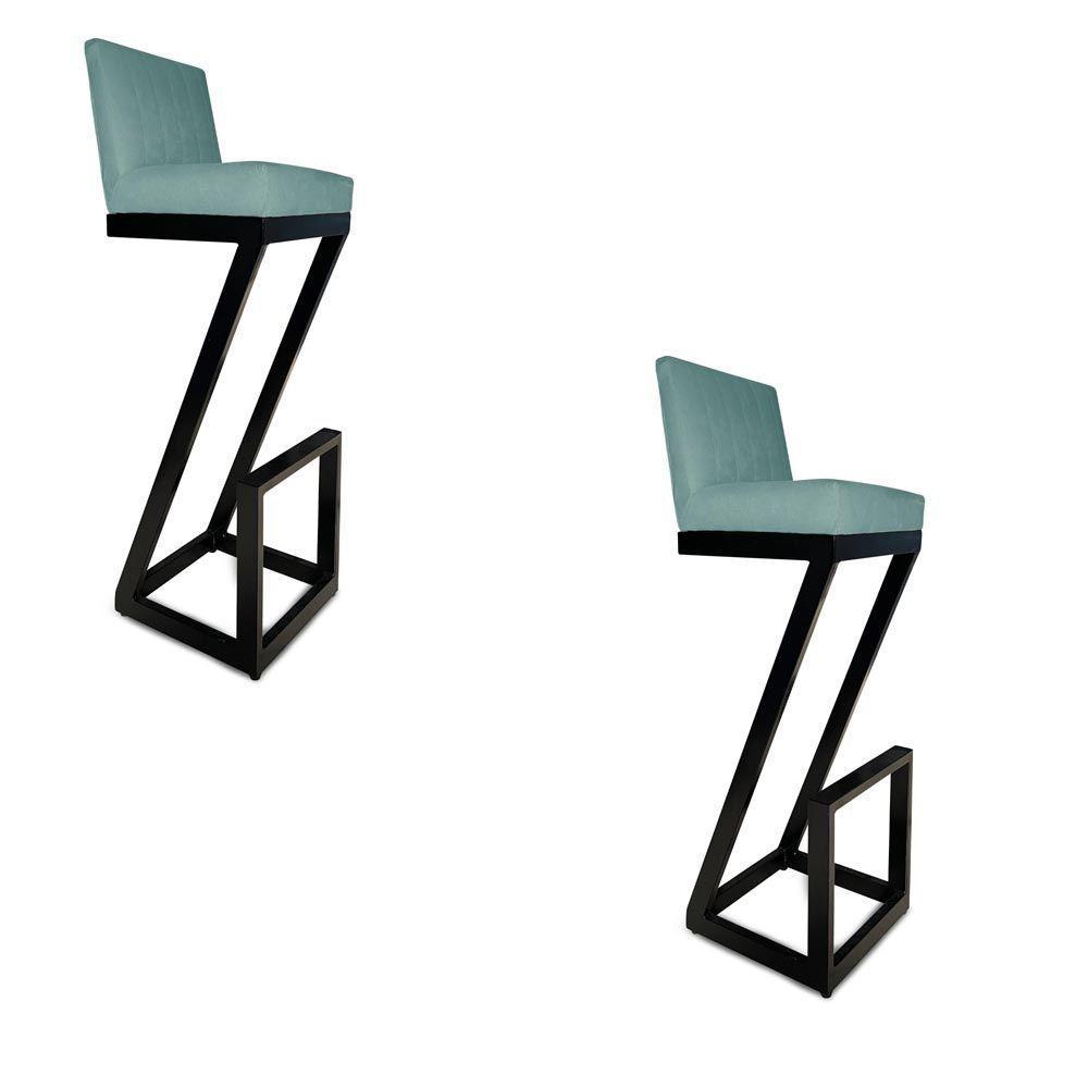 Kit 02 Banqueta Alta Z Base De Ferro Suede Azul Tiffany D'classe Decor - 1