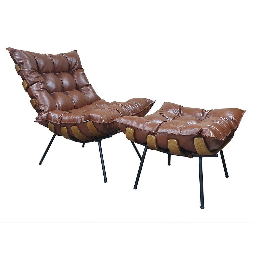 Poltrona Costela Com Puff Couro Ecológico - élpis Móveis Couro Ecológico Marrom - 1