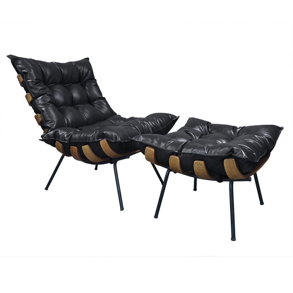 Poltrona Costela Com Puff Couro Ecológico - élpis Móveis Couro Ecológico Preto - 1