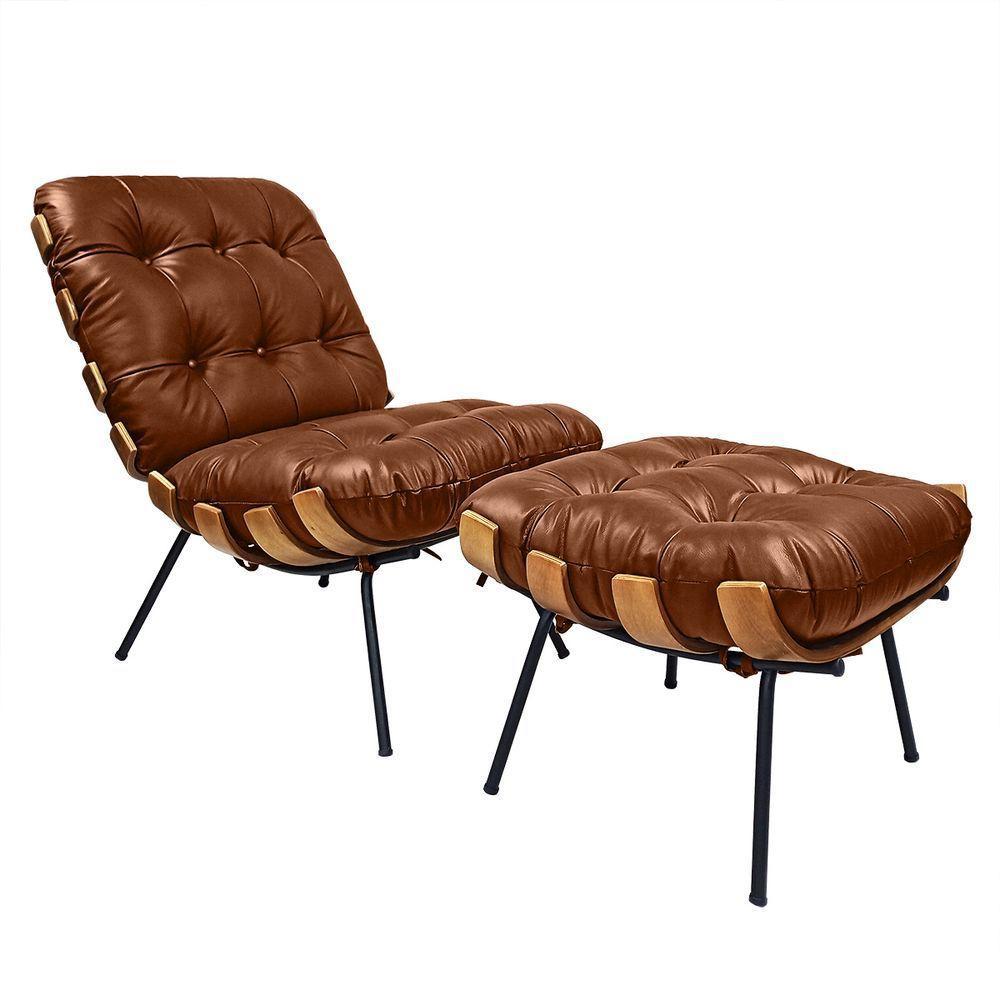 Poltrona Costela Com Puff Em Couro Legítimo - élpis Móveis Conhaque Com Brilho - 1