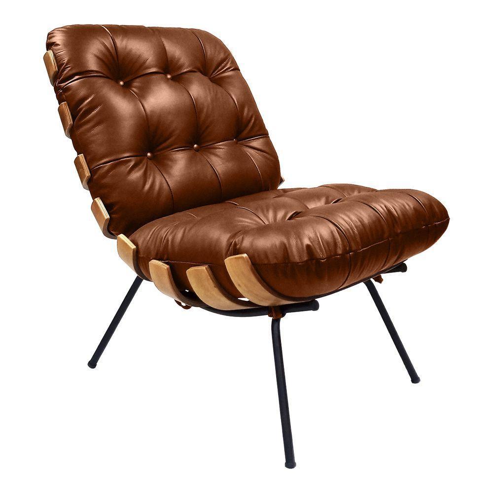 Poltrona Costela Com Puff Em Couro Legítimo - élpis Móveis Conhaque Com Brilho - 2