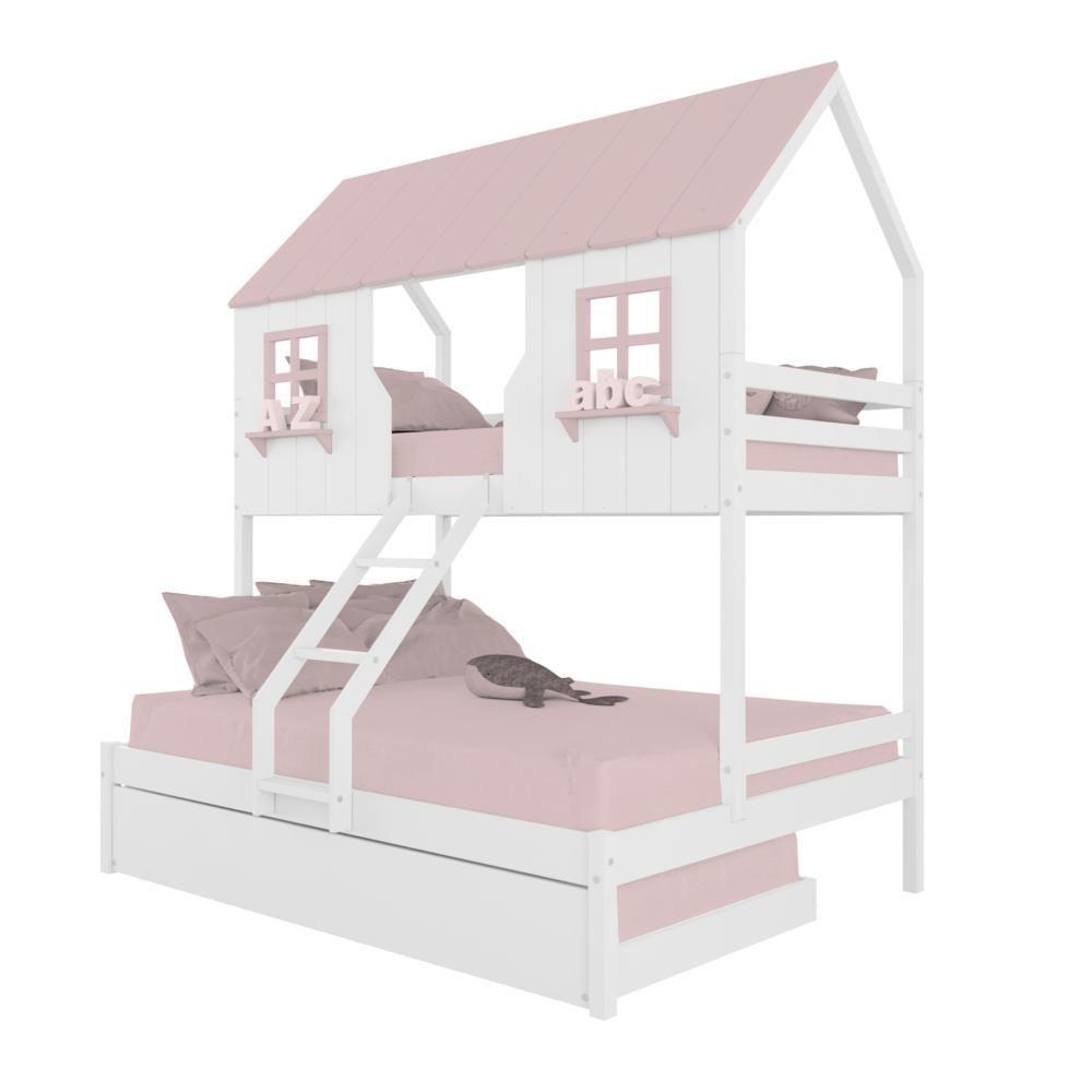 Treliche Casal/ Solteiro Casinha Encantada Madeira Maciça Branco/ Rosa Megamobilia - 2
