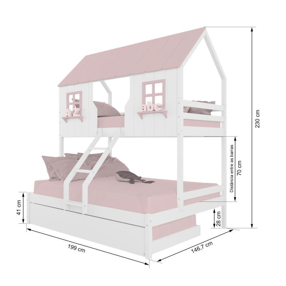 Treliche Casal/ Solteiro Casinha Encantada Madeira Maciça Branco/ Rosa Megamobilia - 3