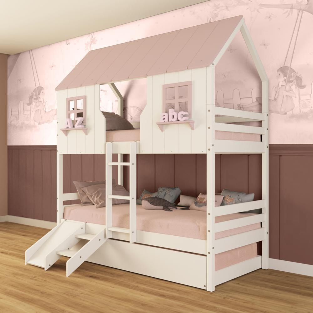 Treliche Casinha Encantada Com Kit Escada/ Escorregador Madeira Maciça Branco/ Rosa Megamobilia - 1