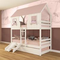 Treliche Casinha Encantada Com Kit Escada/ Escorregador Madeira Maciça Branco/ Rosa Megamobilia - 1