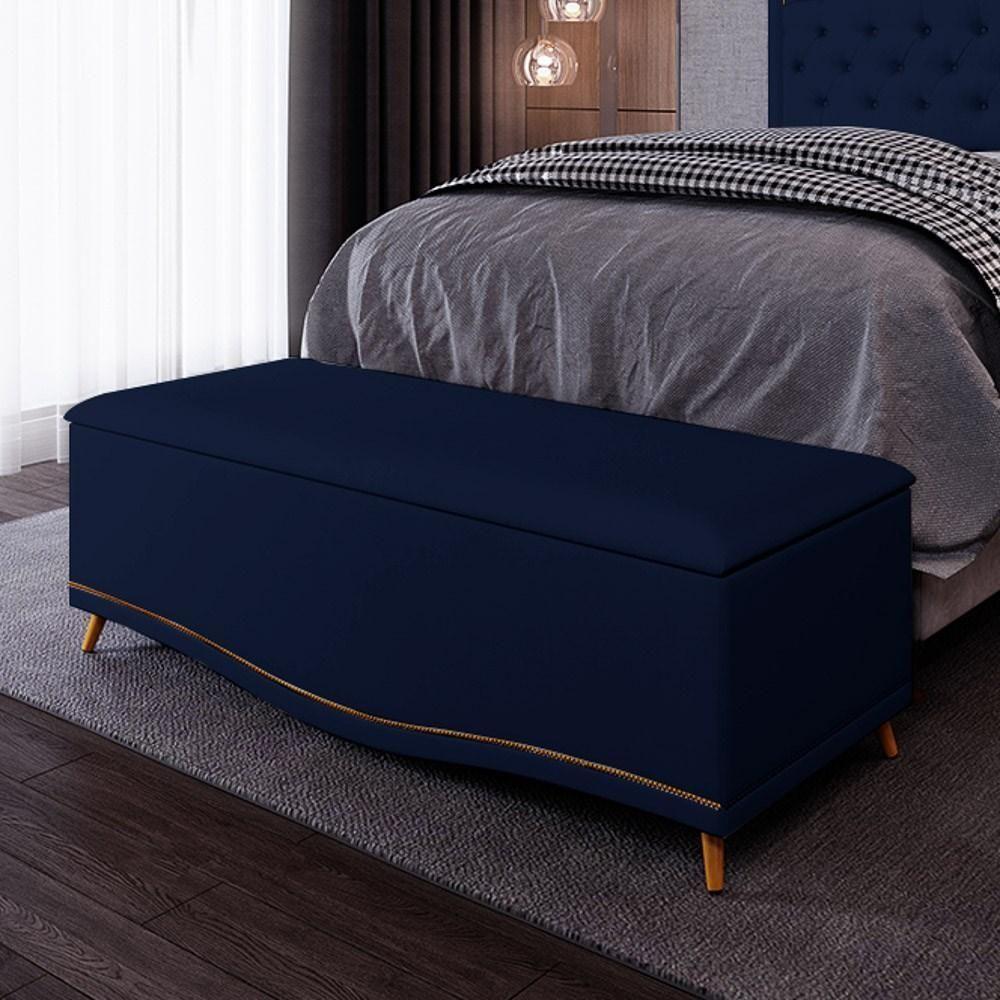 Calçadeira Baú Casal 140cm Com Tachas Imperial J02 Veludo Azul - Mpozenato - 2